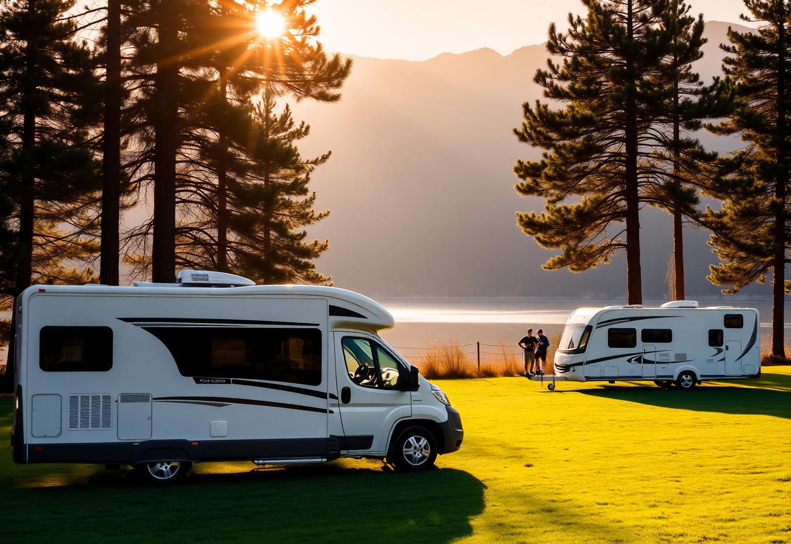 Camper parcheggiato in un'area sosta vicino al Lago d'Iseo