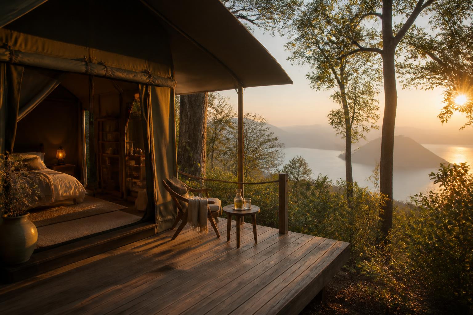 Tenda glamping su pedana di legno con vista sul Lago d'Iseo al tramonto
